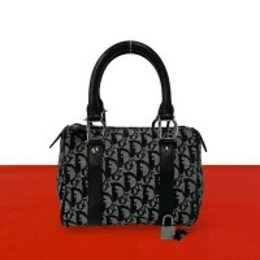 Christian Dior Trotter Canvas Leather Handbag Boston Bag Black